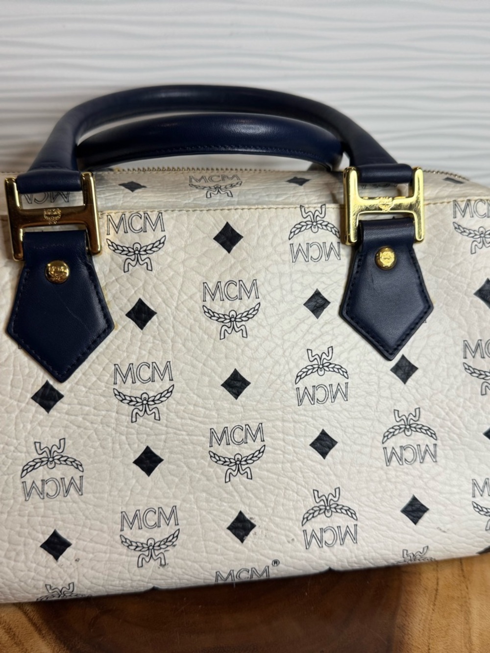 MCM White Visetos Satchel with Navy Trim and Gold Hardware